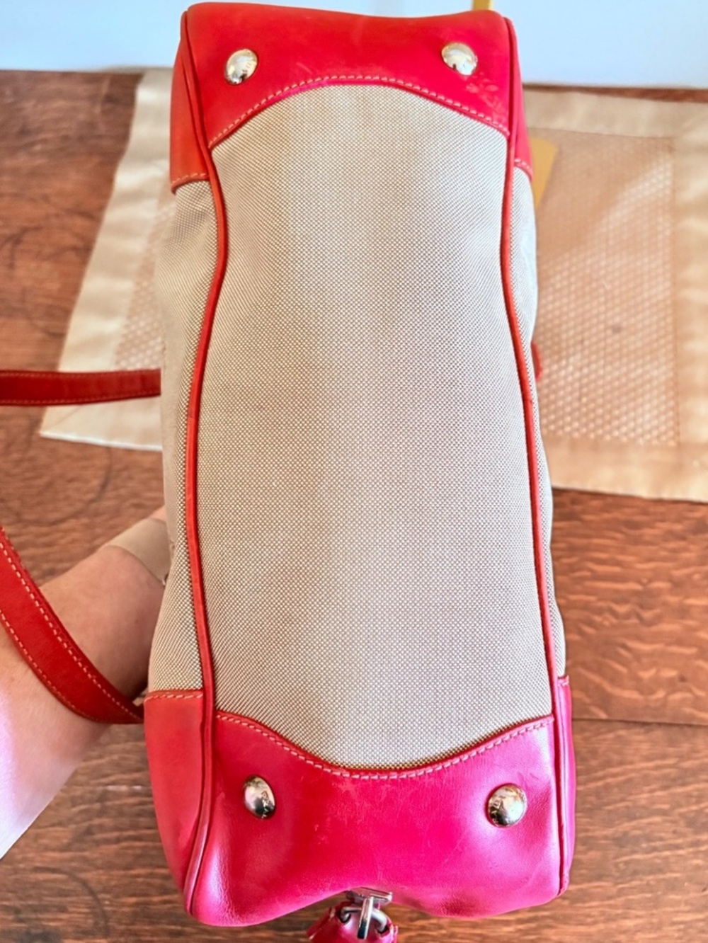 Prada Beige Canvas Shoulder Bag with Red Leather Trim COA - Picture 7 of 13